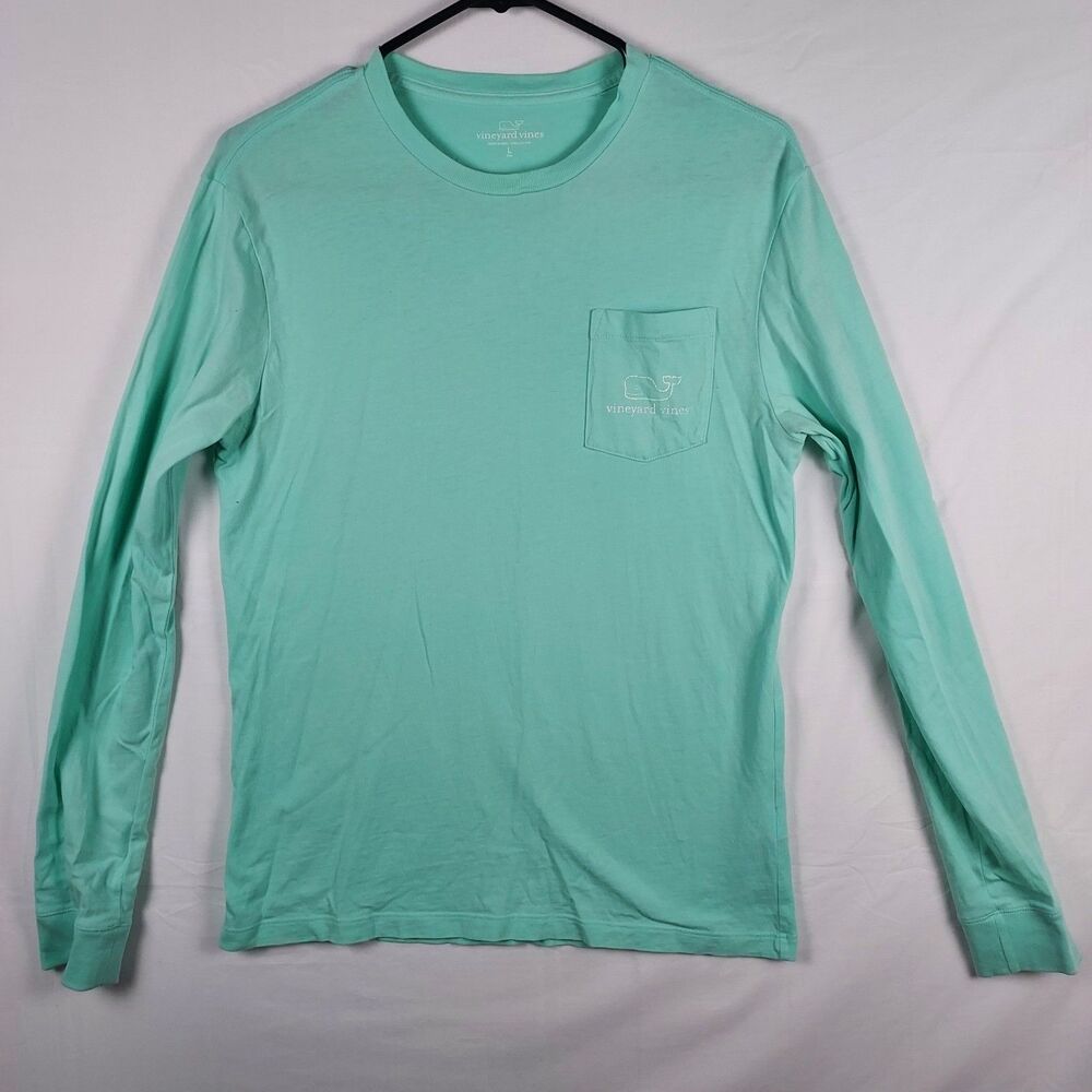 Vineyard Vines Long Sleeve T-Shirt Mens L Aqua Teal Whale Logo Cotton Pocket Top